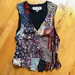 Vintage Hype Vest Womens M Multicolor Patchwork Button Up Tie Back 90s Made USA